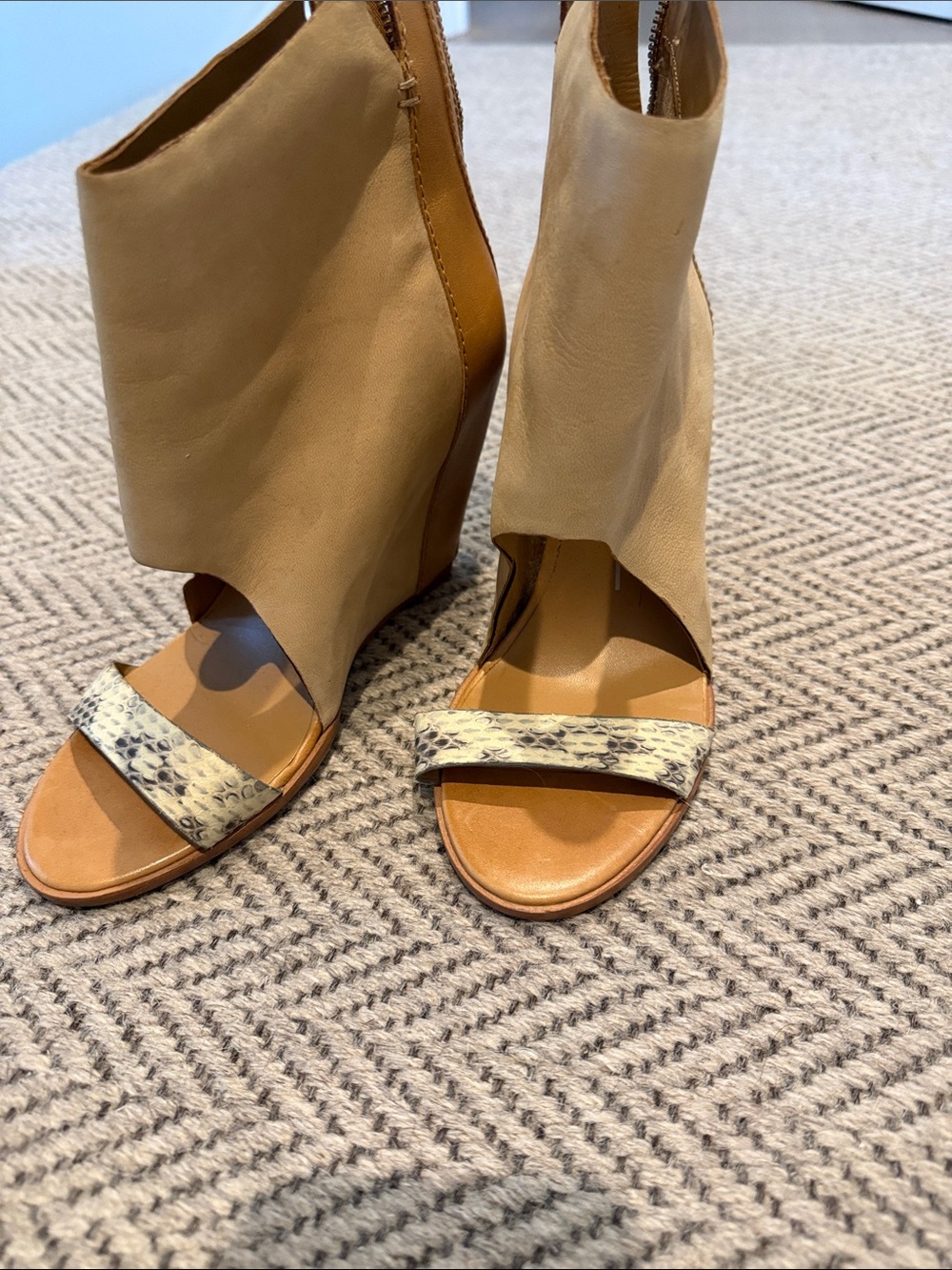 Like new Dolce Vita Tan Wedge Open-Toe Booties with Snake-Print Strap